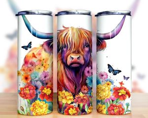 Watercolor Highland Cow Tumbler Png