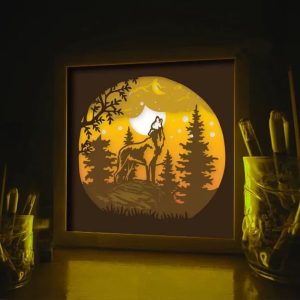 Wolf And Moon 3D Paper Cut Light Box Template
