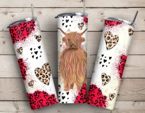 Highland Cow and Hearts Tumbler PNG
