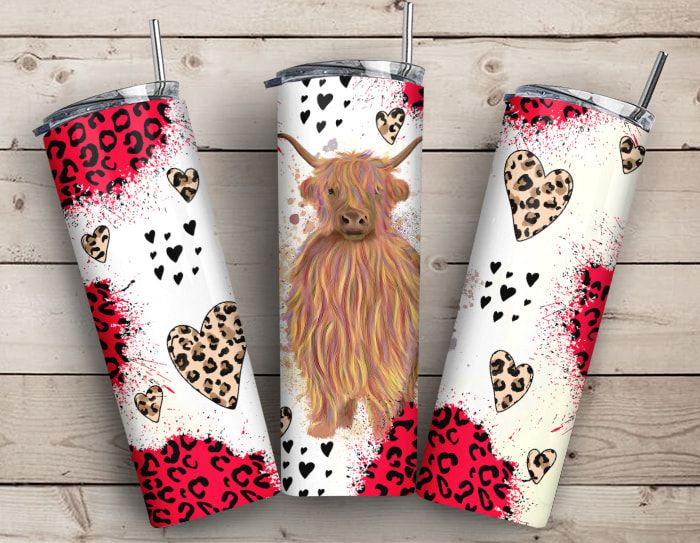 Highland Cow and Hearts Tumbler PNG Highland Cow and Hearts Tumbler PNG