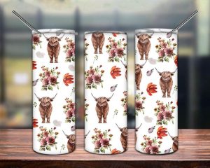 Highland Cow Floral Tumbler PNG