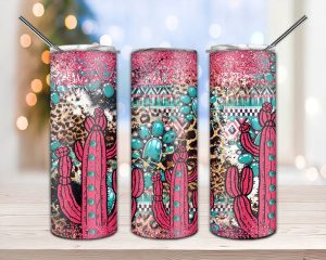 Pink Cactus Gemstone Leopard Cowhide Tumbler PNG