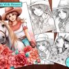 12 Cowgirls with Horses and Flowers Coloring Page