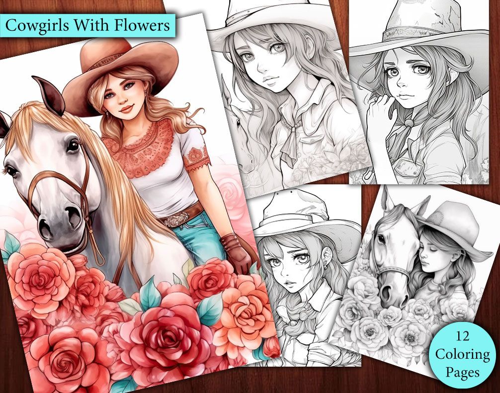 12 Cowgirls with Horses and Flowers Coloring Page 12 Cowgirls with Horses and Flowers Coloring Page