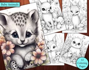 12 Cute Baby Animals with Flowers Coloring Page