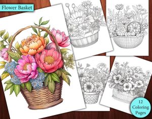 12 Flowers Basket Coloring Page