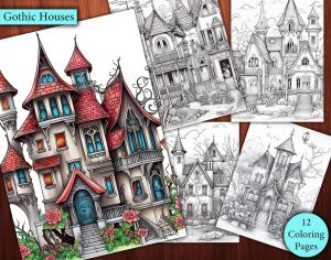 12 Gothic Houses Coloring Page