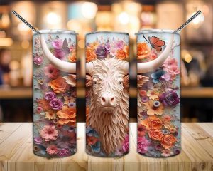 3D Highland Cow Tumbler PNG