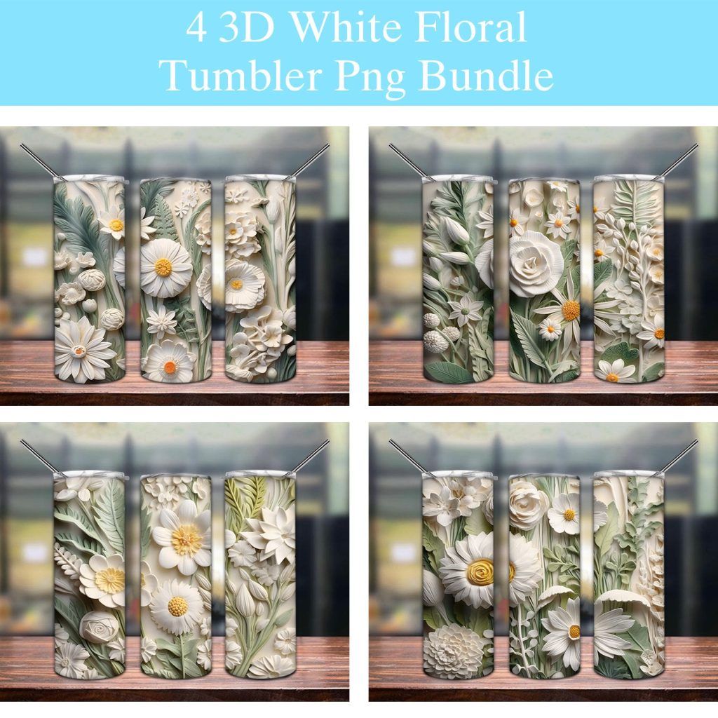 3D White Flowers Botanical Tumbler Png
