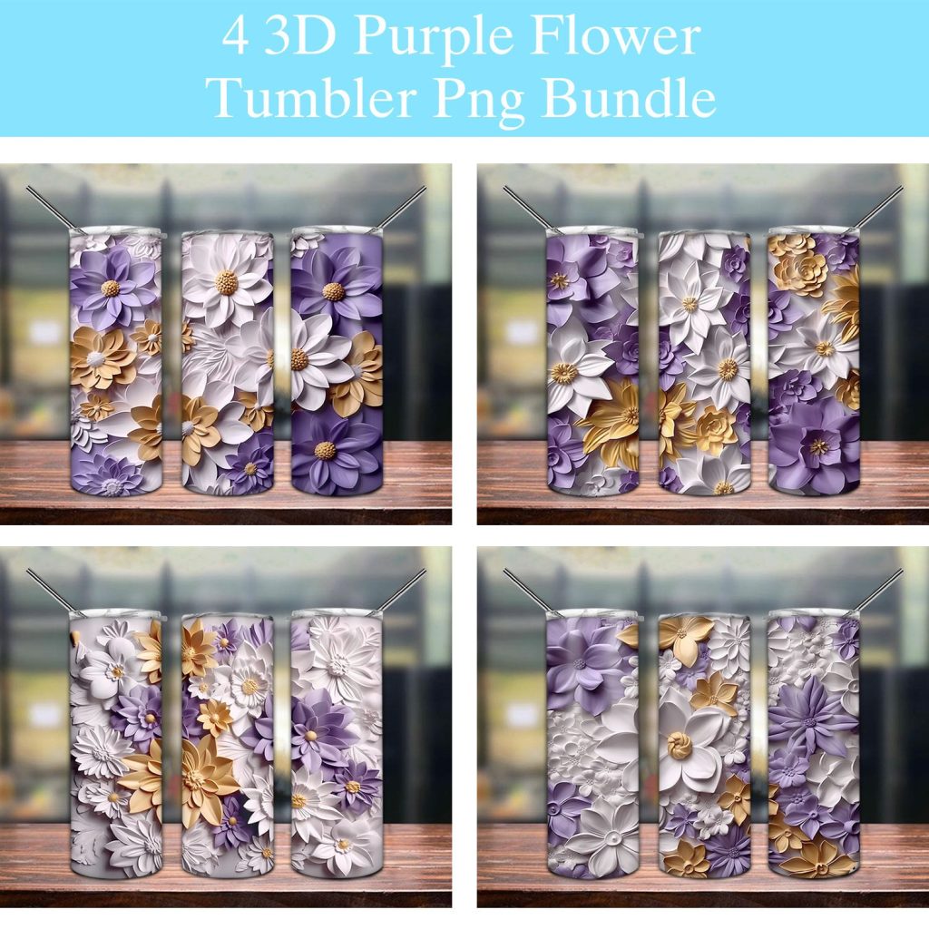 3D White Gold Purple Flowers Tumbler Png 3D White Gold Purple Flowers Tumbler Png