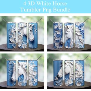 3D White Horse Blue Flowers Tumbler PNG