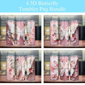 3D White Pink Flower Butterfly Tumbler Png