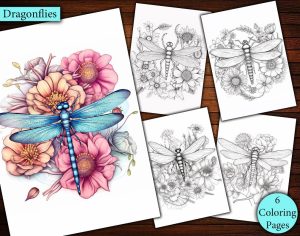 6 Dragonfly with Flowers Coloring Page