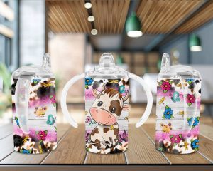 Cow and Pink Glitter Sippy Cup Sublimation Design