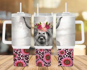 Highland Cow Pink Flower Leopard 40 oz 2 piece Tumbler Wrap
