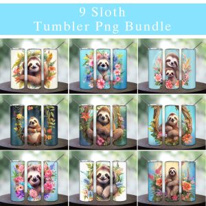 Sloth wtih Flowers Bundle Tumbler PNG