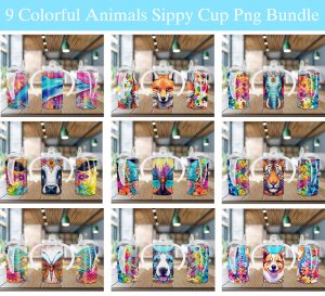 Animals with Colorful Flowers Bundle Sippy Cup Sublimation Design