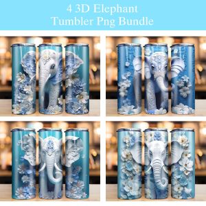 3D Elephant and Blue Flowers Tumbler PNG