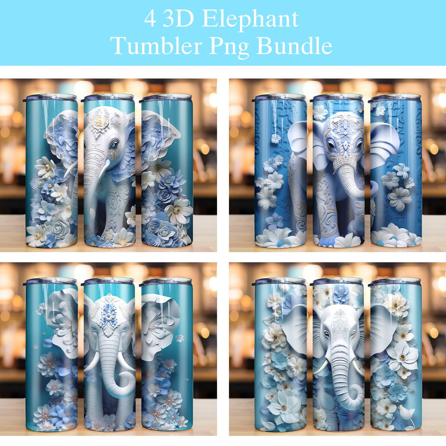 3D Elephant and Blue Flowers Tumbler PNG 3D Elephant and Blue Flowers Tumbler PNG