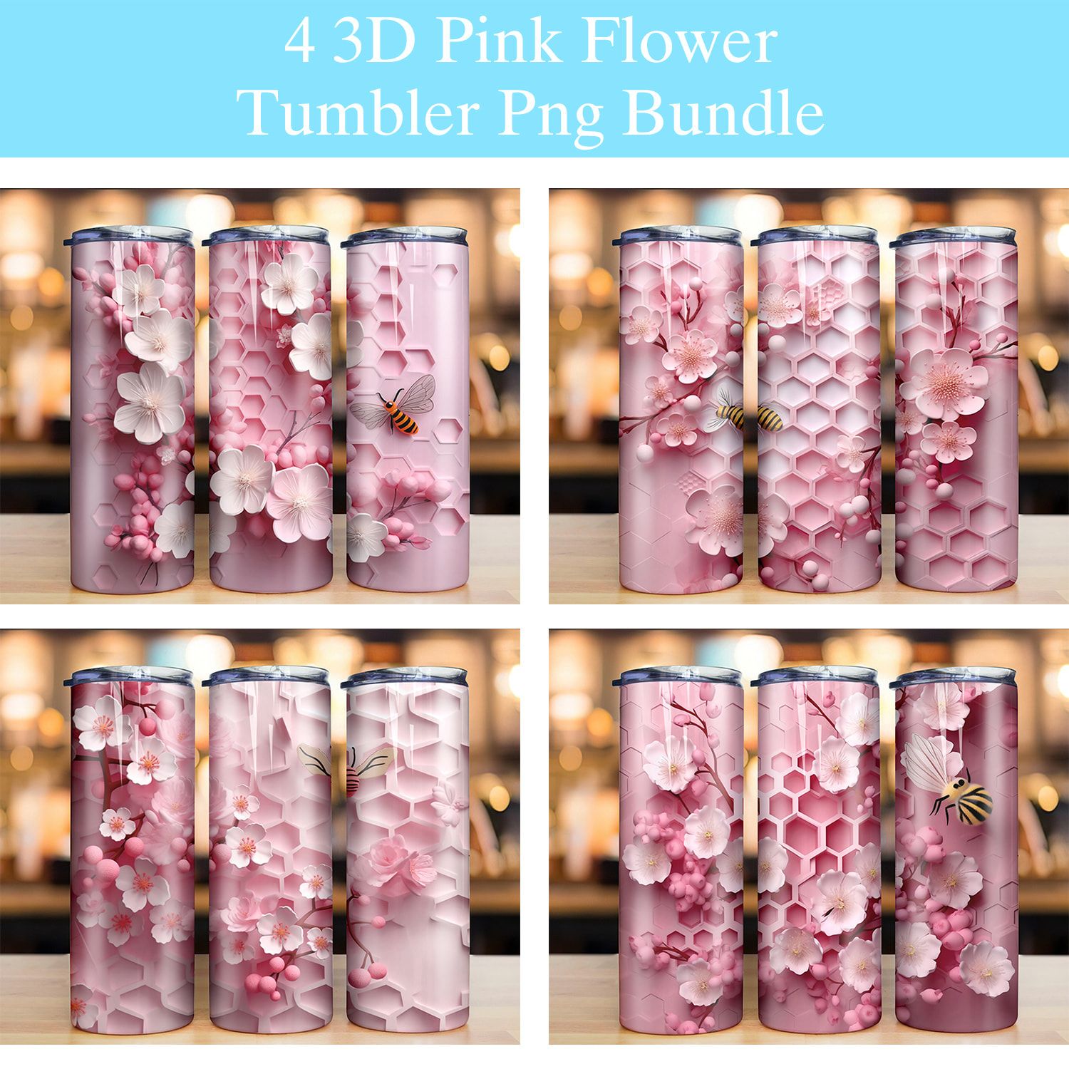 3D Pink Flowers Bee Honeycomb Tumbler PNG 3D Pink Flowers Bee Honeycomb Tumbler PNG