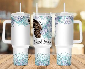 Blessed Mama Butterfly Teal Flowers 40 oz 2 piece Tumbler Wrap