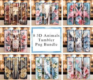 Bundle 3D Animals with Flowers Tumbler PNG