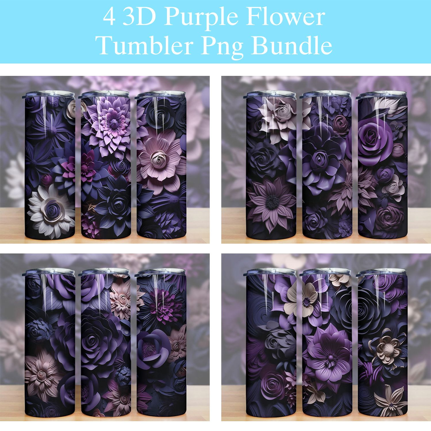 3D Purple and Black Flowers Tumbler PNG 3D Purple and Black Flowers Tumbler PNG