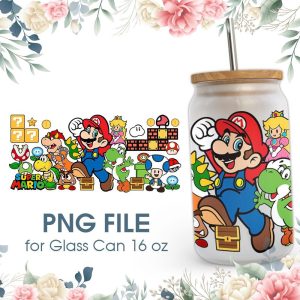 Cartoon Characters Mario 16 oz Glass Can PNG File