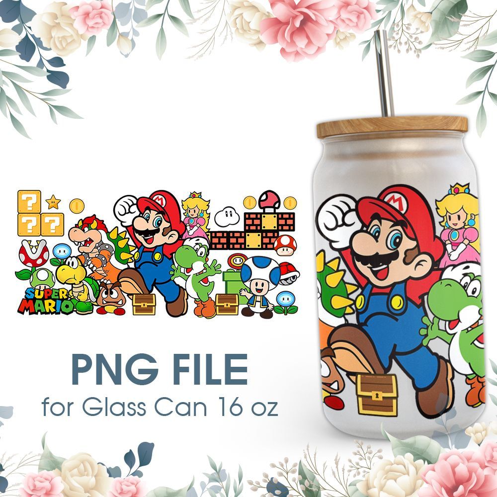 Cartoon Characters Mario 16 oz Glass Can PNG File Cartoon Characters Mario 16 oz Glass Can PNG File