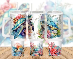 Sea Turtle Floral Beach Animals 40 oz 2 piece Tumbler Wrap