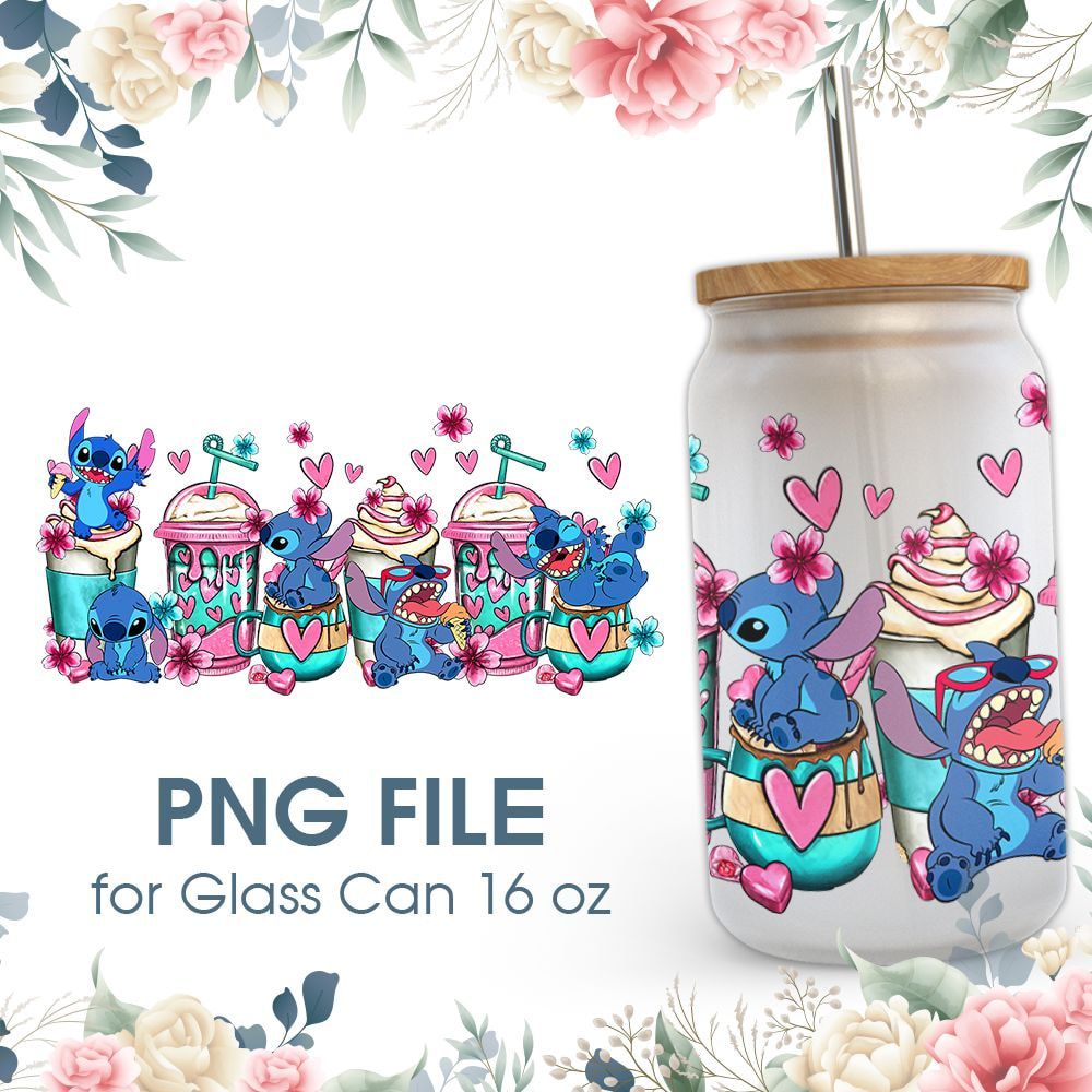 Stitch Coffee Cups 16 oz Glass Can PNG File Stitch Coffee Cups 16 oz Glass Can PNG File