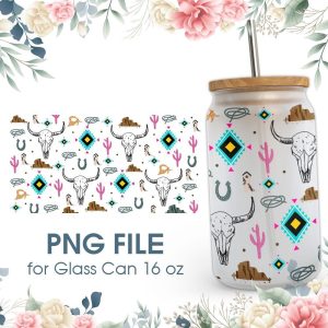 Western Cow Skull 16 oz Glass Can PNG File