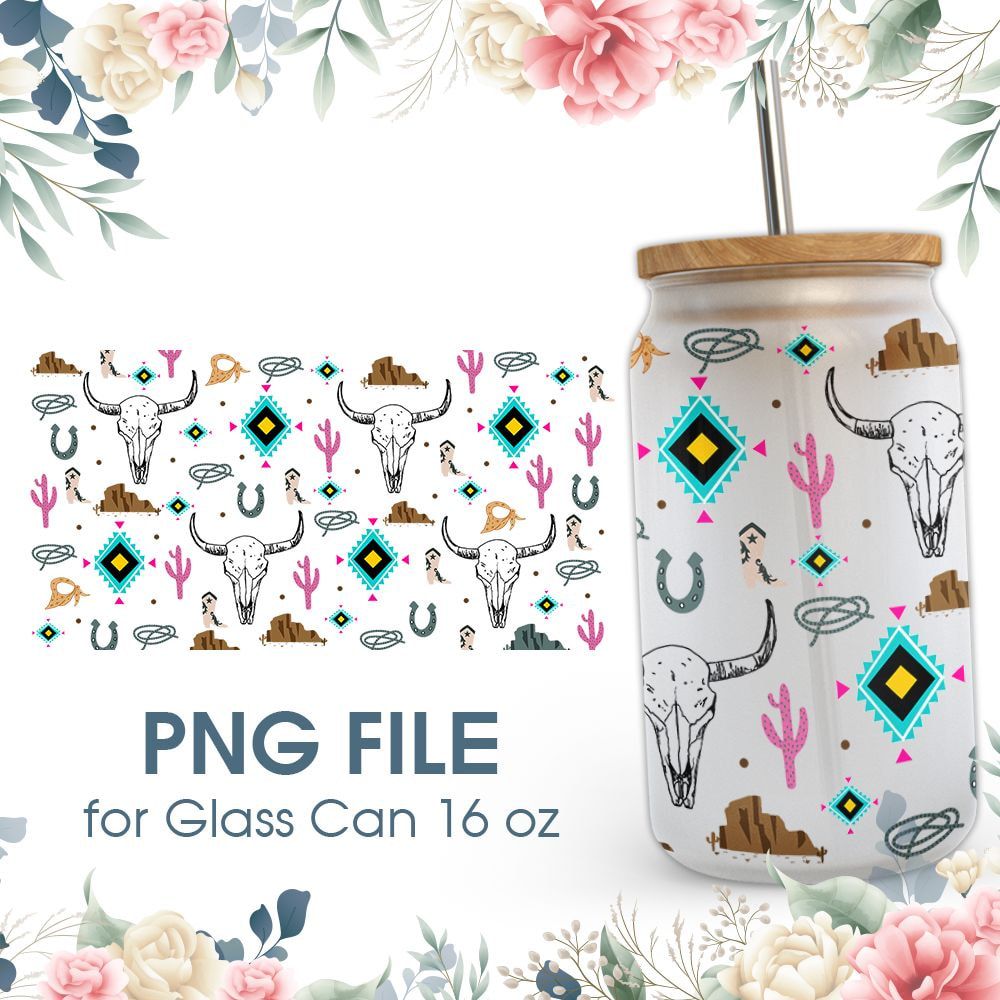 Western Cow Skull 16 oz Glass Can PNG File Western Cow Skull 16 oz Glass Can PNG File