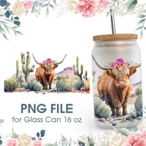 Western Highland Cow Desert 16 oz Glass Can PNG File