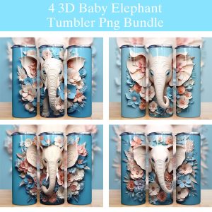 3D Baby Elephant Flowers Tumbler PNG