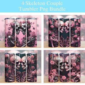 3D Dusty Rose Skeleton Lovers Tumbler PNG