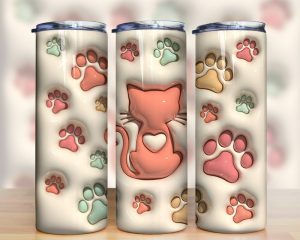 3D Inflated Cat and Paws Tumbler PNG
