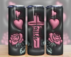 3D Inflated Faith Cross and Rose Tumbler PNG