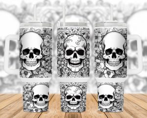 Black and White Skull Flowers 40 oz 2 piece Tumbler Wrap