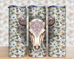Boho Floral Bull Skull Tumbler PNG
