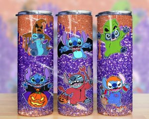 Cartoon Halloween Stitch Glitter Tumbler PNG