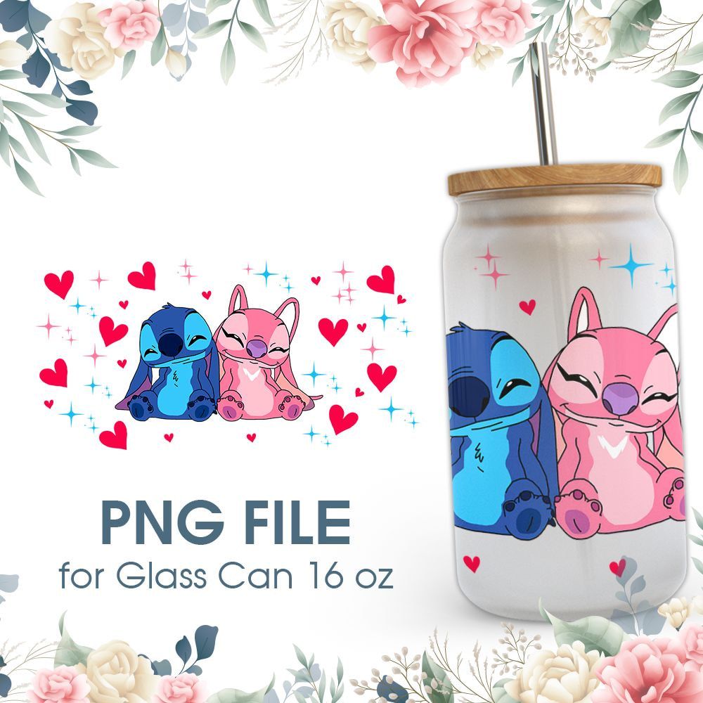 Cartoon Stitch Couple 16 oz Glass Can PNG File Cartoon Stitch Couple 16 oz Glass Can PNG File