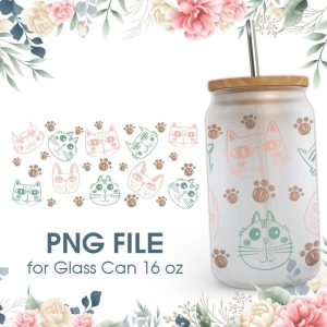 Cute Cat Face 16 oz Glass Can PNG File