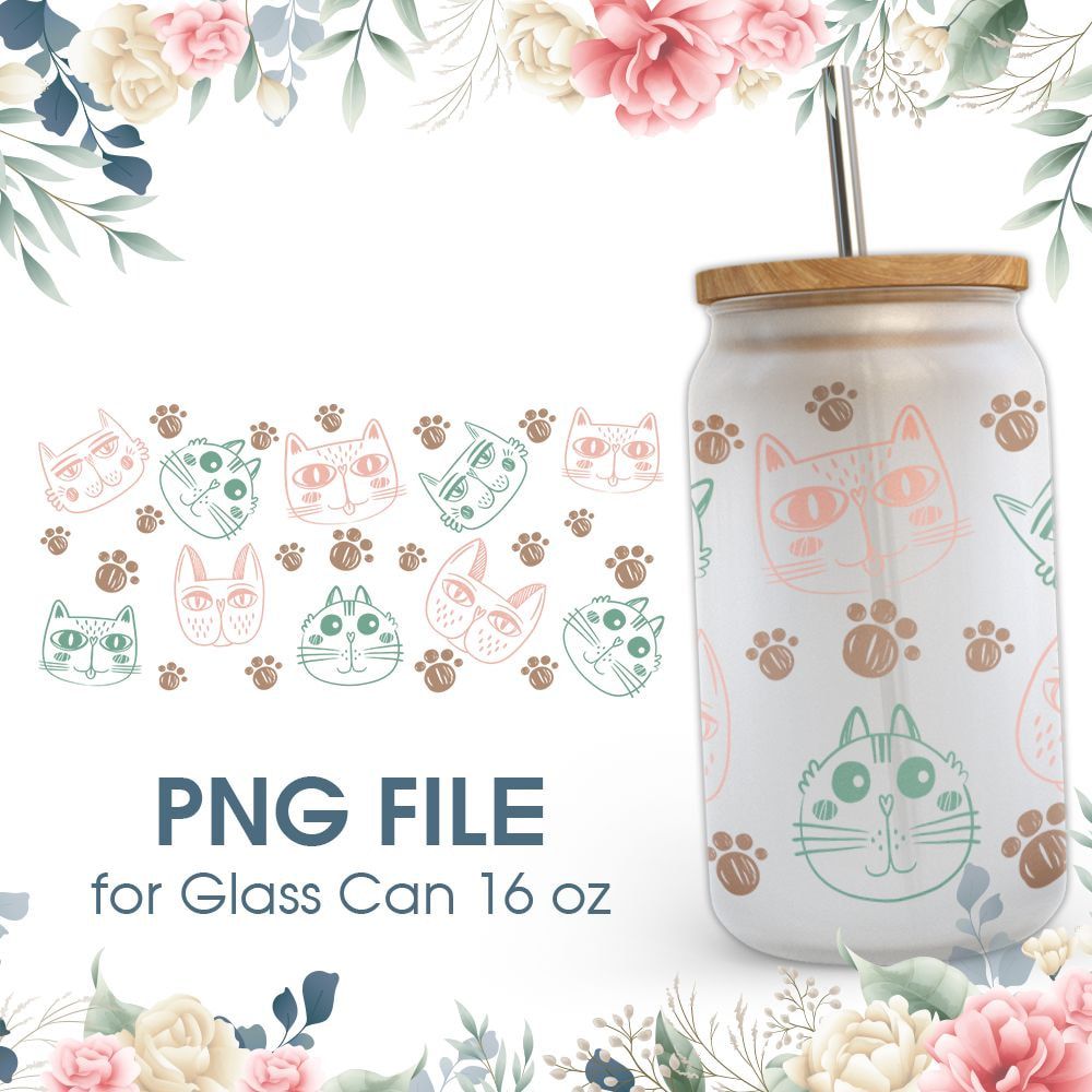 Cute Cat Face 16 oz Glass Can PNG File Cute Cat Face 16 oz Glass Can PNG File