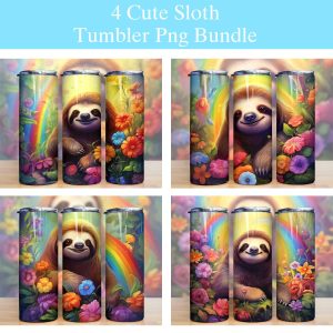 Cute Sloth with Flowers Colorful Tumbler PNG