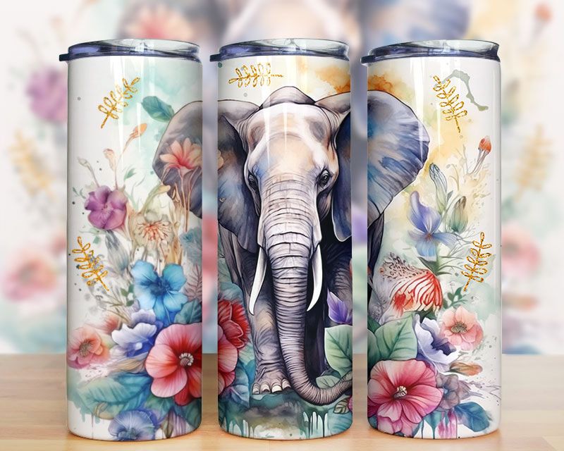 Elephant and Flowers Watercolor Tumbler PNG Elephant and Flowers Watercolor Tumbler PNG