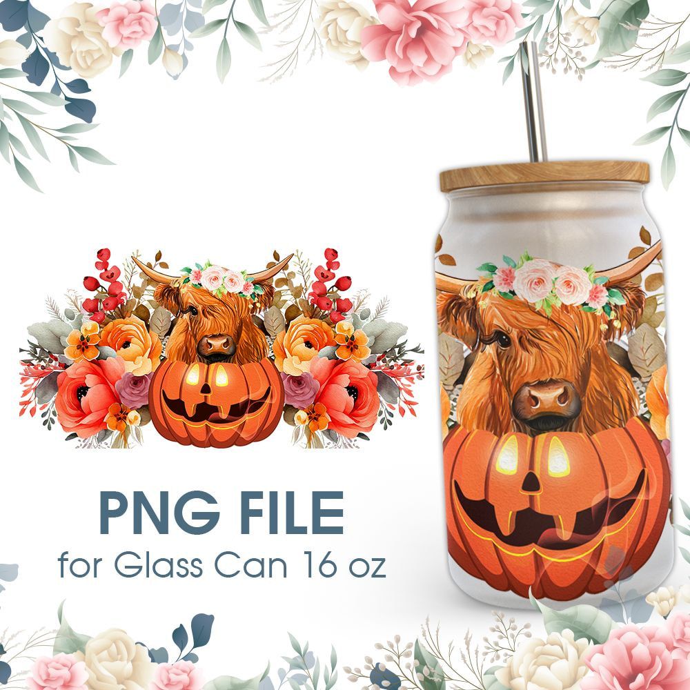 Fall Highland Cow in Pumpkin 16 oz Glass Can PNG File Fall Highland Cow in Pumpkin 16 oz Glass Can PNG File