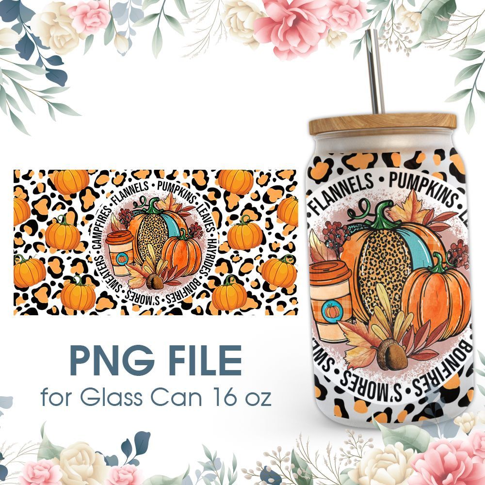 Fall Pumpkins Leopard 16 oz Glass Can PNG File Fall Pumpkins Leopard 16 oz Glass Can PNG File