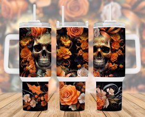 Gothic Skull Orange Flowers 40 oz 2 piece Tumbler Wrap