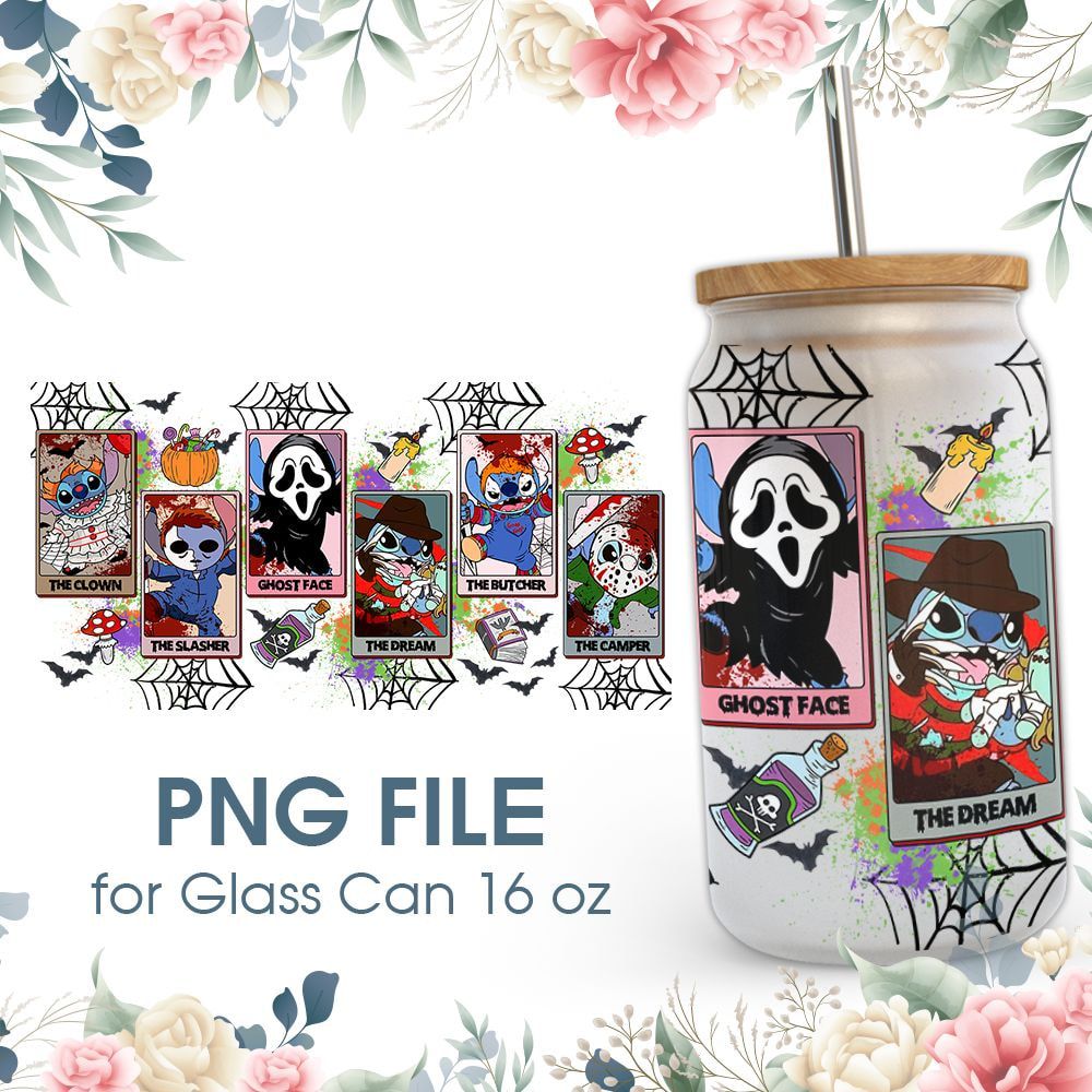 Halloween Cartoon Stitch Chibi Tarot 16 oz Glass Can PNG File Halloween Cartoon Stitch Chibi Tarot 16 oz Glass Can PNG File